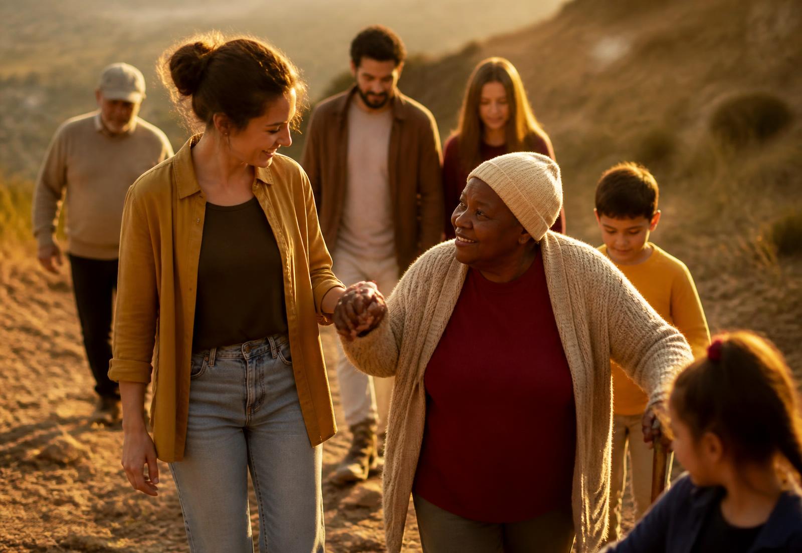 Personas de distintas edades caminando juntas al atardecer, acompañándose